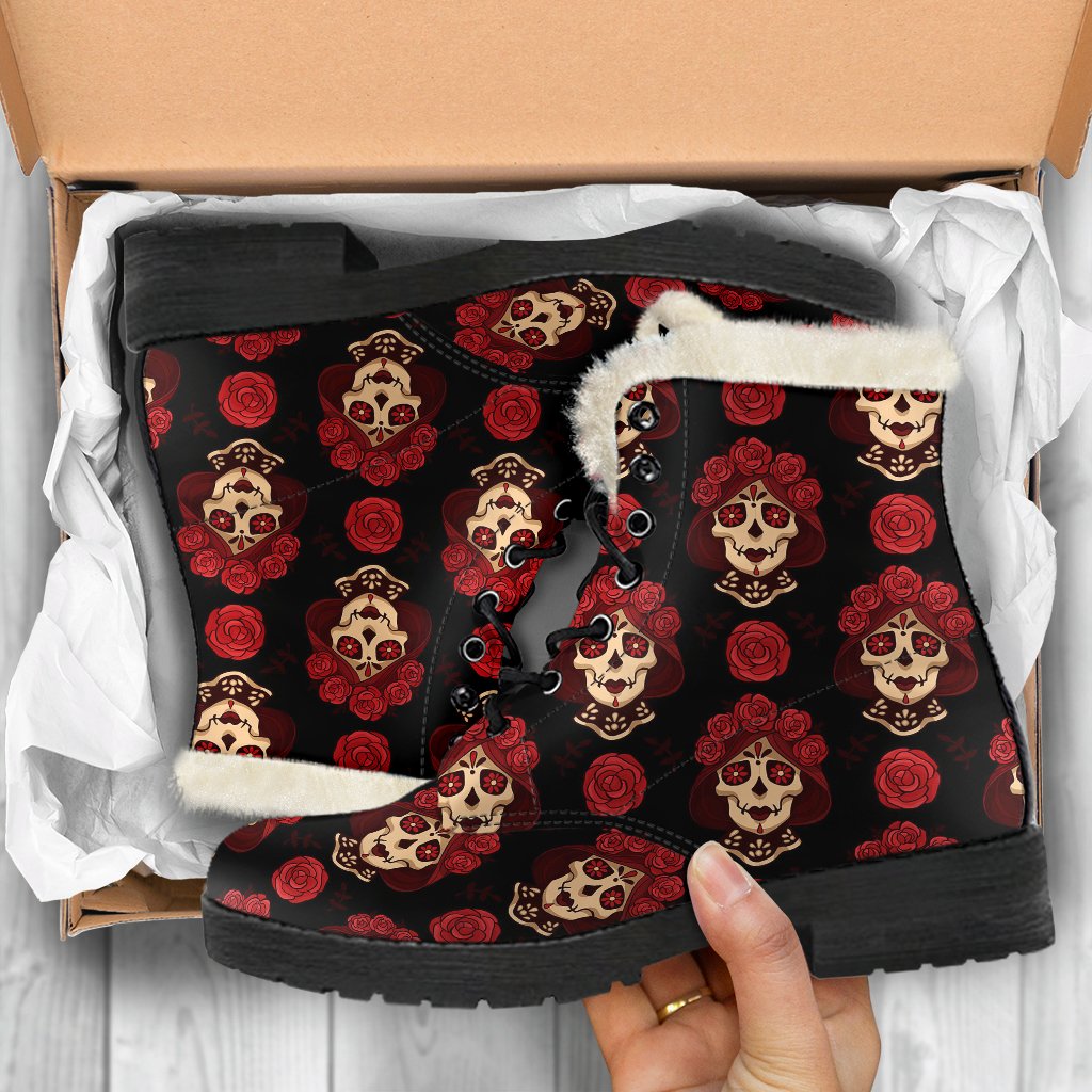 Day of the Dead Skull Girl Pattern Faux Fur Leather Boots-JTAMIGO.COM