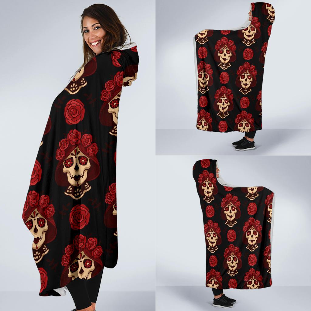 Day of the Dead Skull Girl Pattern Hooded Blanket-JTAMIGO.COM