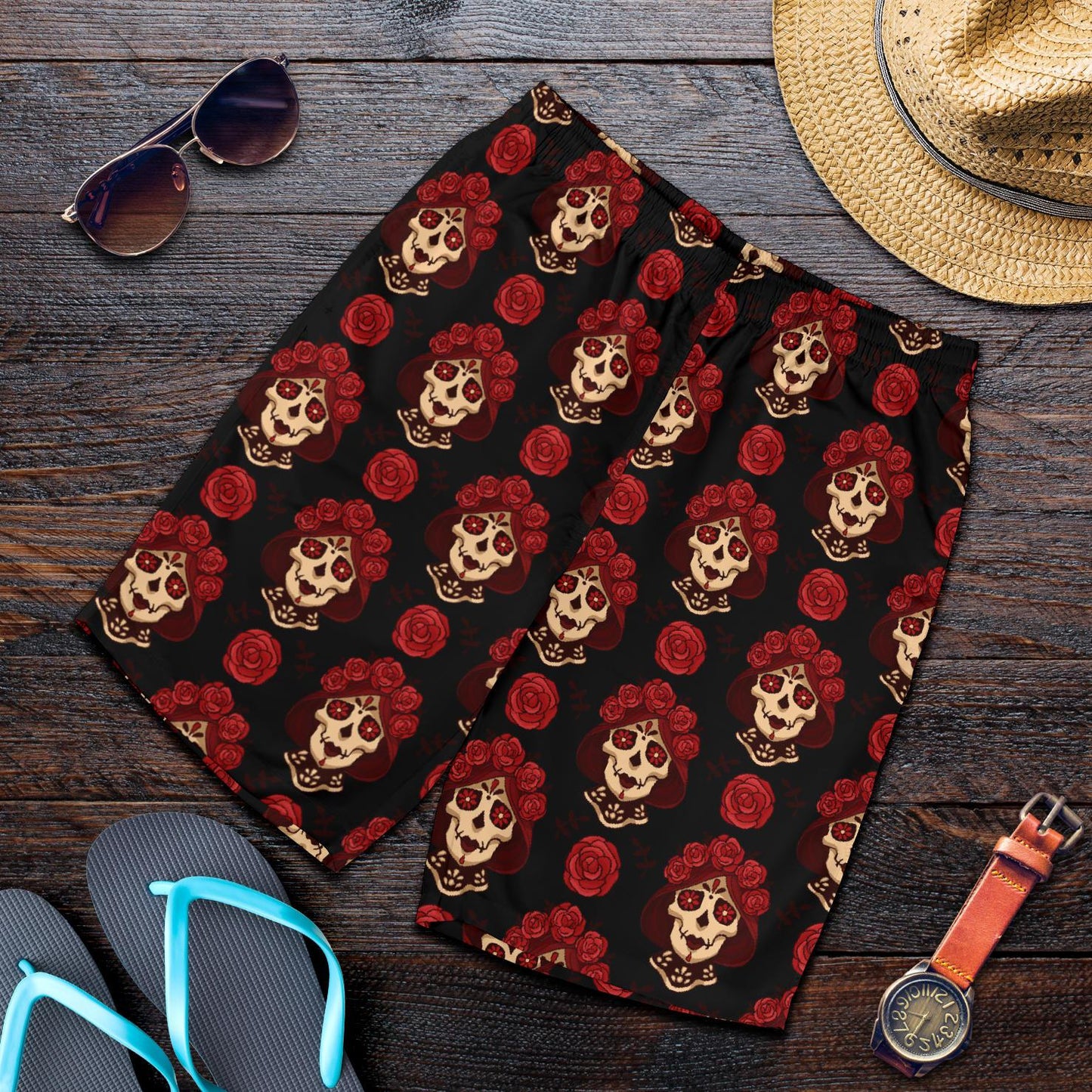 Day of the Dead Skull Girl Pattern Mens Shorts-JTAMIGO.COM