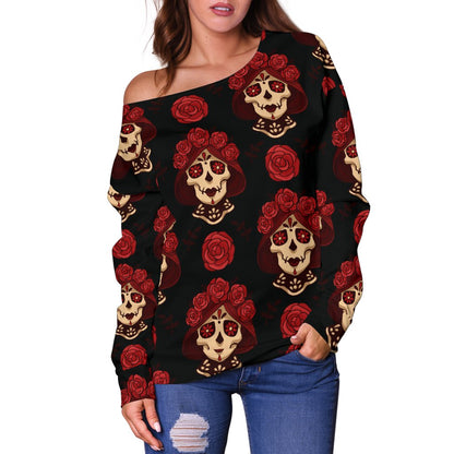 Day of the Dead Skull Girl Pattern Off Shoulder Sweatshirt