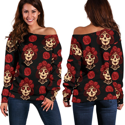 Day of the Dead Skull Girl Pattern Off Shoulder Sweatshirt