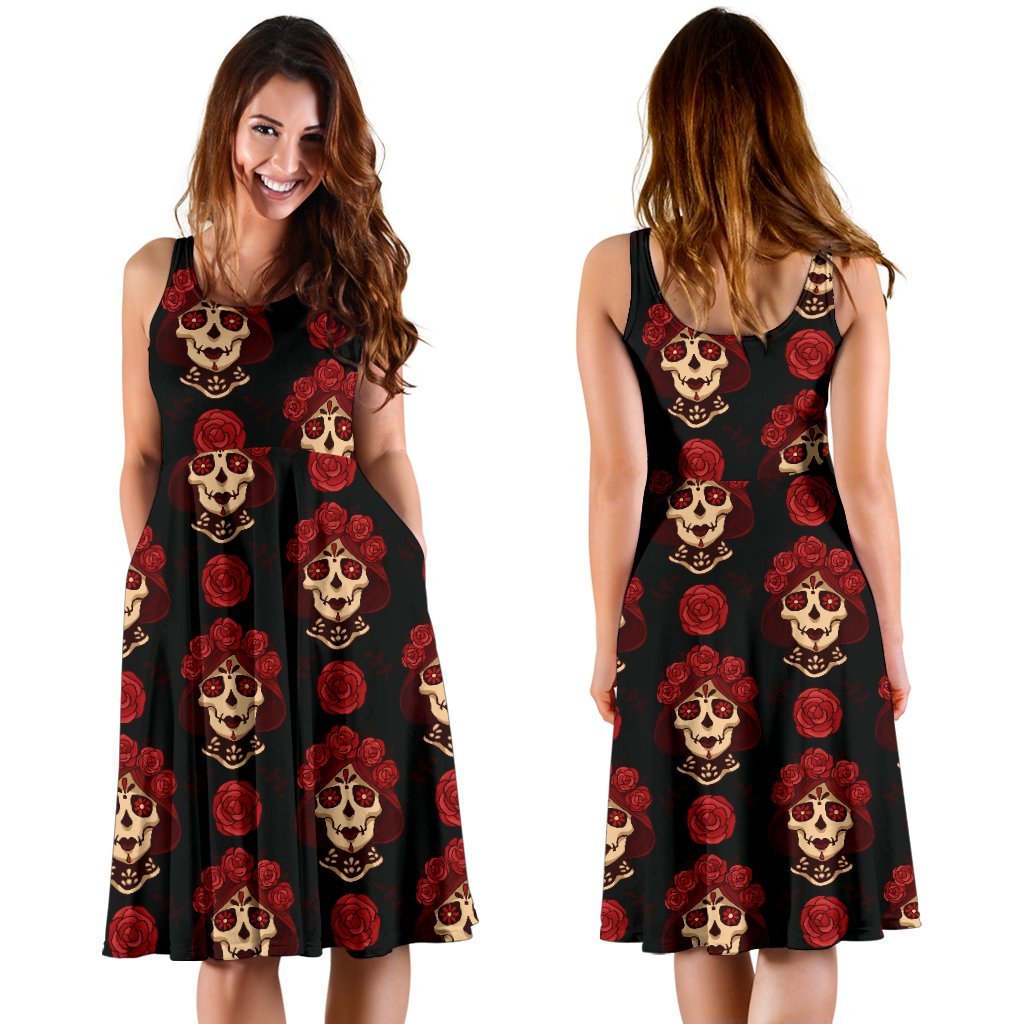 Day Of The Dead Skull Girl Pattern Sleeveless Dress