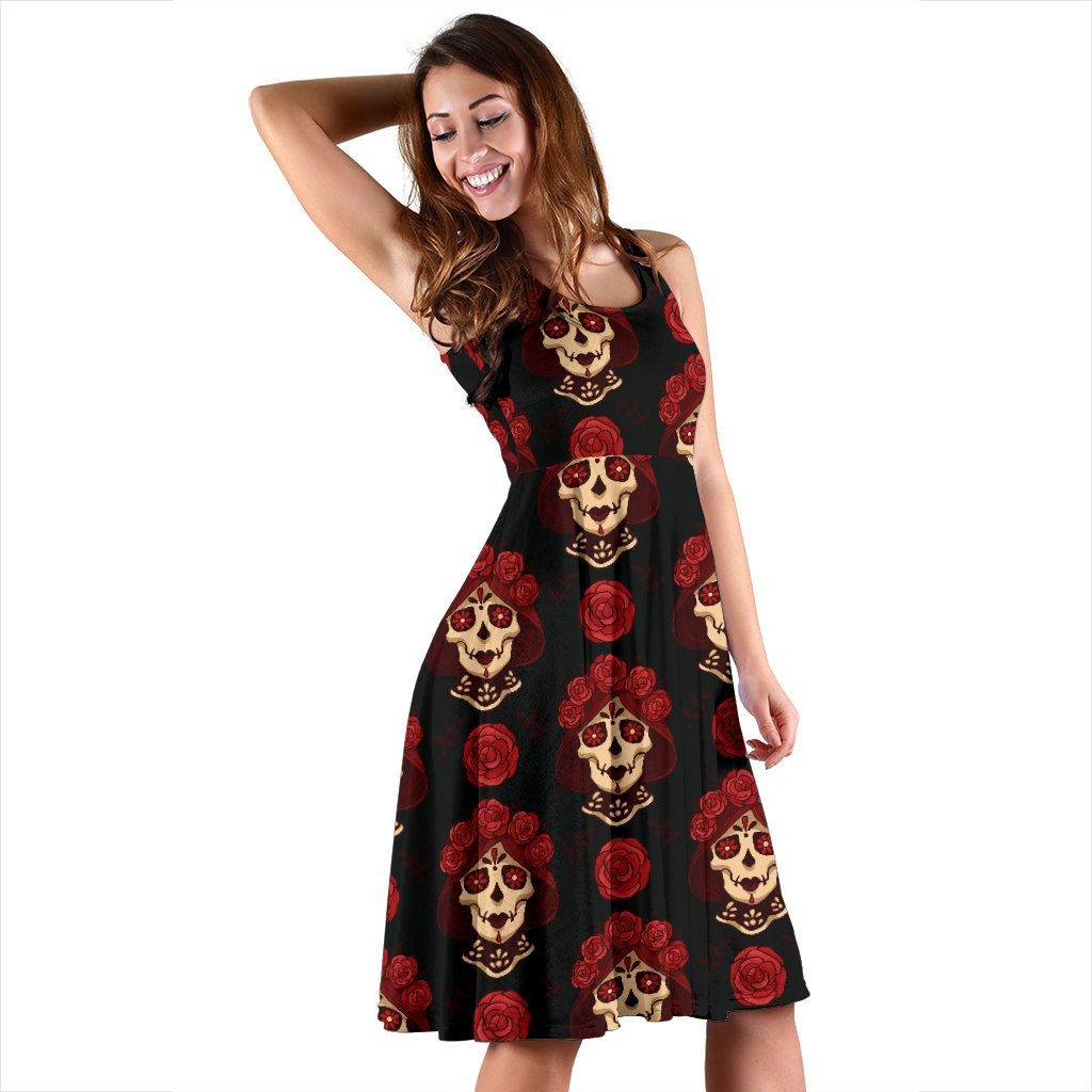 Day Of The Dead Skull Girl Pattern Sleeveless Dress