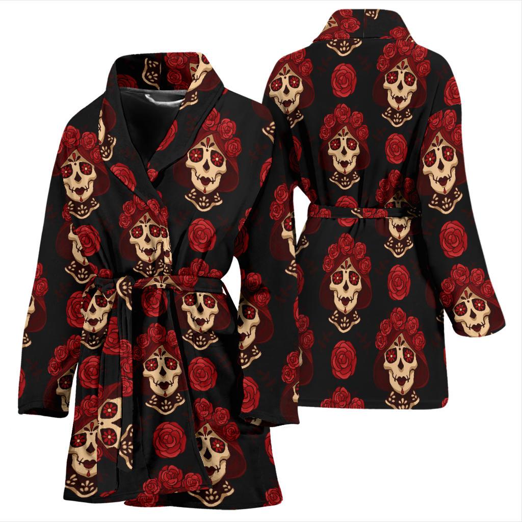 Day of the Dead Skull Girl Pattern Women Bath Robe-JTAMIGO.COM