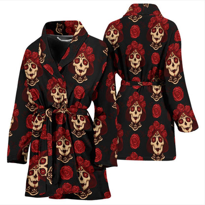 Day of the Dead Skull Girl Pattern Women Bath Robe-JTAMIGO.COM