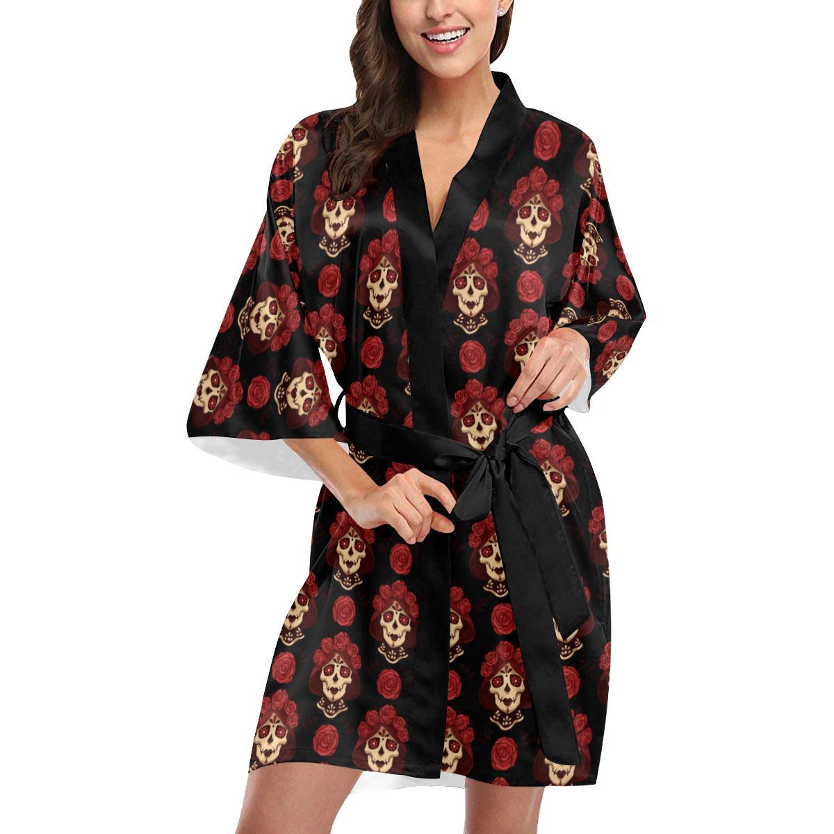 Day of the Dead Skull Girl Pattern Women Short Kimono Robe