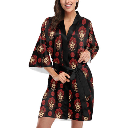 Day of the Dead Skull Girl Pattern Women Short Kimono Robe