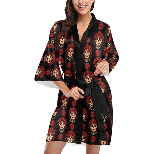 Day of the Dead Skull Girl Pattern Women Short Kimono Robe