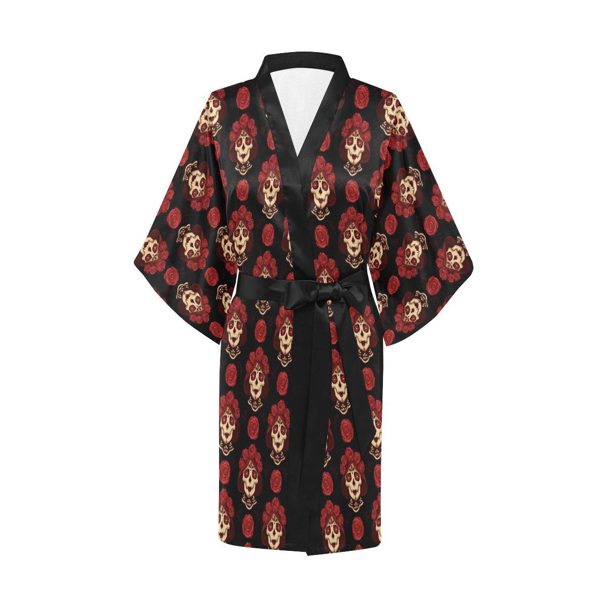 Day of the Dead Skull Girl Pattern Women Short Kimono Robe