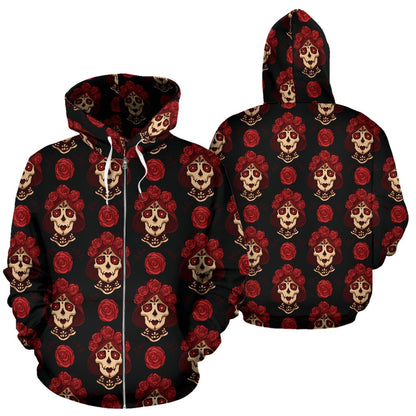 Day of the Dead Skull Girl Pattern Zip Up Hoodie