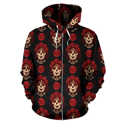 Day of the Dead Skull Girl Pattern Zip Up Hoodie
