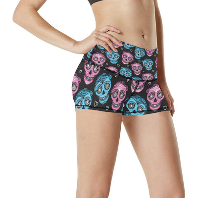 Day of the Dead Skull Print Pattern High Waisted Spandex Shorts-JTAMIGO.COM