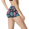 Day of the Dead Skull Print Pattern High Waisted Spandex Shorts-JTAMIGO.COM