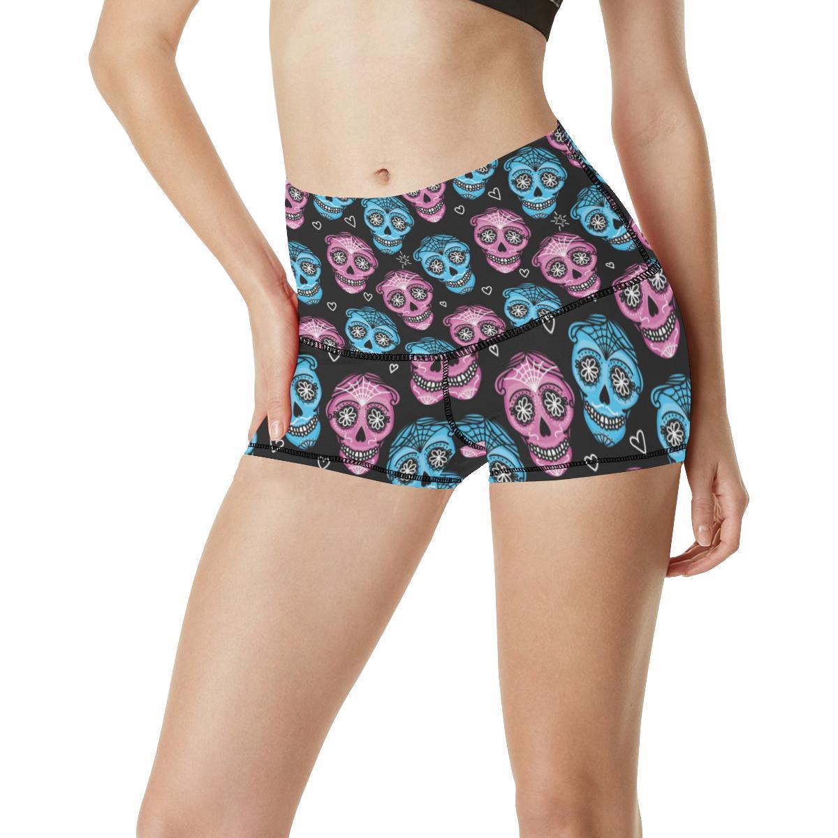 Day of the Dead Skull Print Pattern High Waisted Spandex Shorts-JTAMIGO.COM