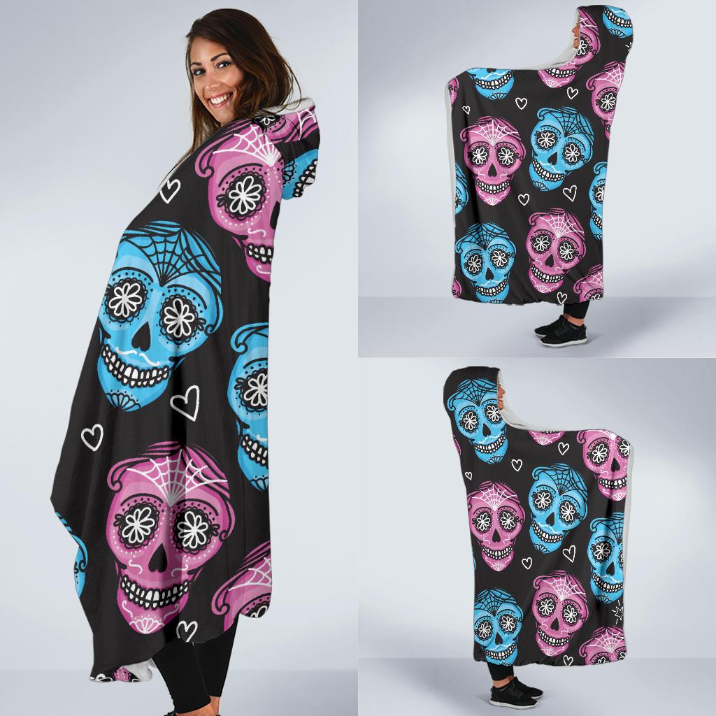 Day of the Dead Skull Print Pattern Hooded Blanket-JTAMIGO.COM