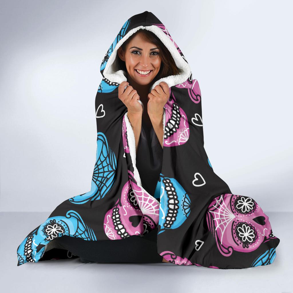 Day of the Dead Skull Print Pattern Hooded Blanket-JTAMIGO.COM