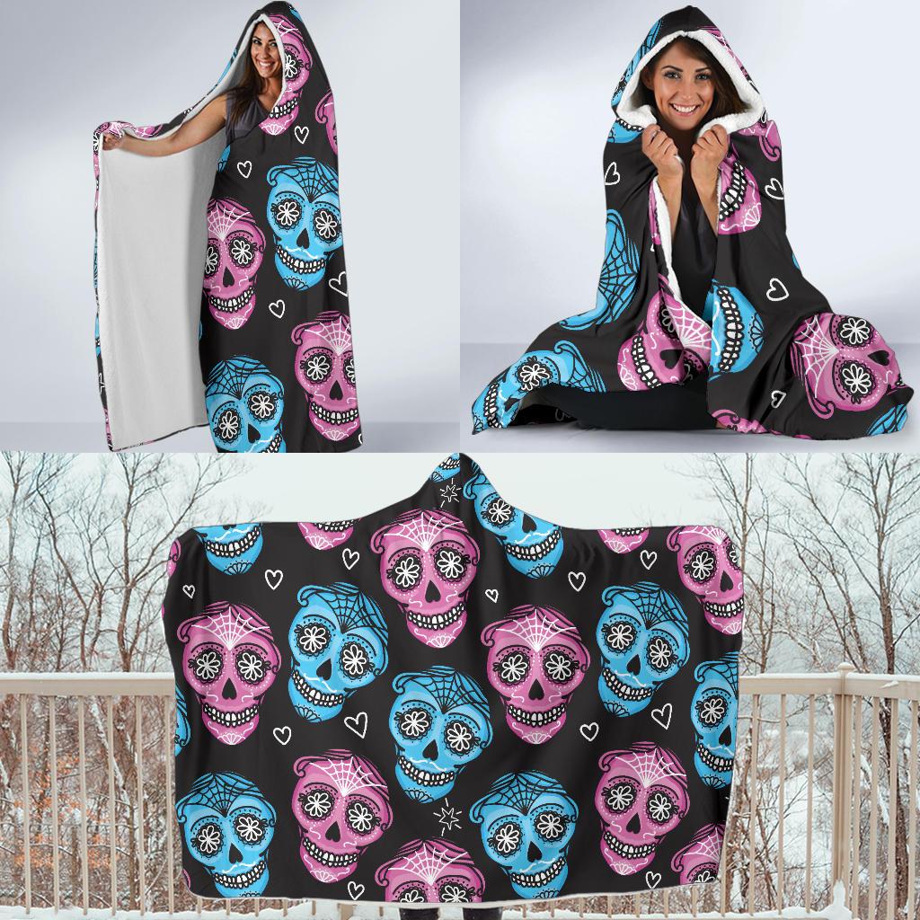 Day of the Dead Skull Print Pattern Hooded Blanket-JTAMIGO.COM