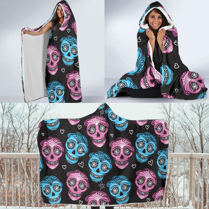 Day of the Dead Skull Print Pattern Hooded Blanket-JTAMIGO.COM