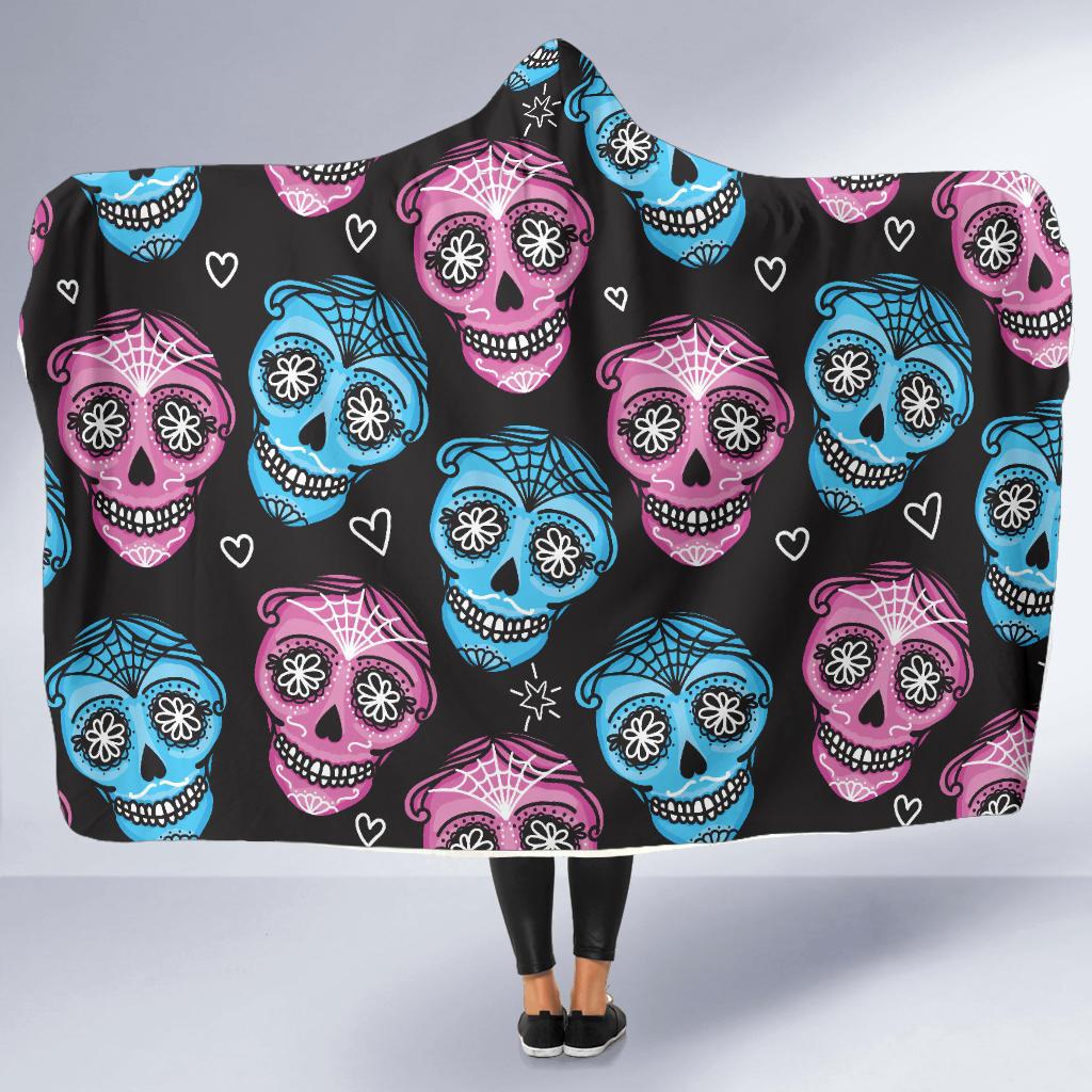 Day of the Dead Skull Print Pattern Hooded Blanket-JTAMIGO.COM