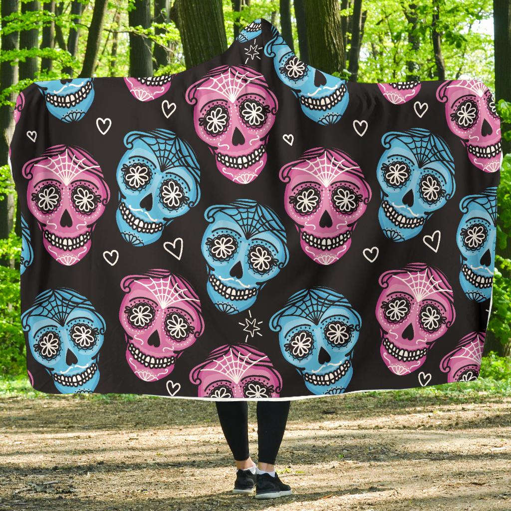 Day of the Dead Skull Print Pattern Hooded Blanket-JTAMIGO.COM