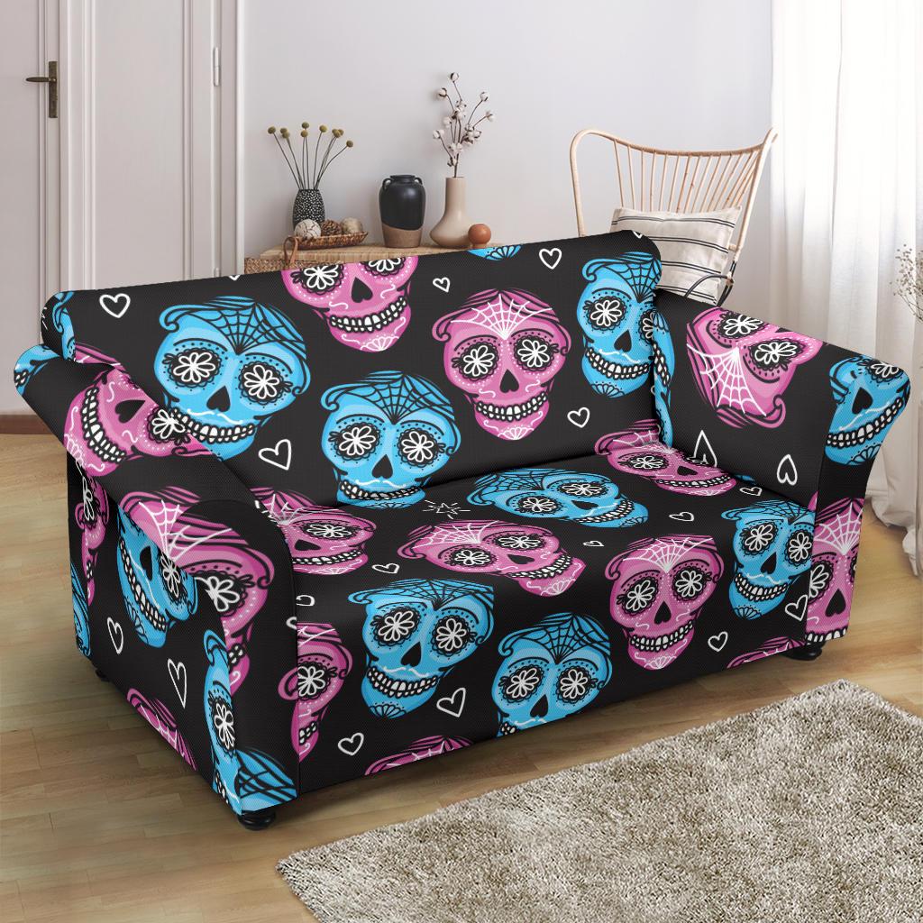 Day of the Dead Skull Print Pattern Loveseat Slipcover-JTAMIGO.COM