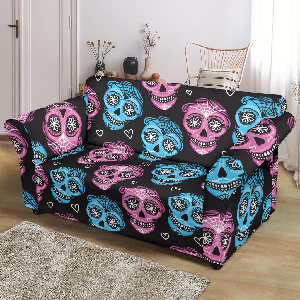 Day of the Dead Skull Print Pattern Loveseat Slipcover-JTAMIGO.COM