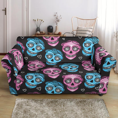 Day of the Dead Skull Print Pattern Loveseat Slipcover-JTAMIGO.COM