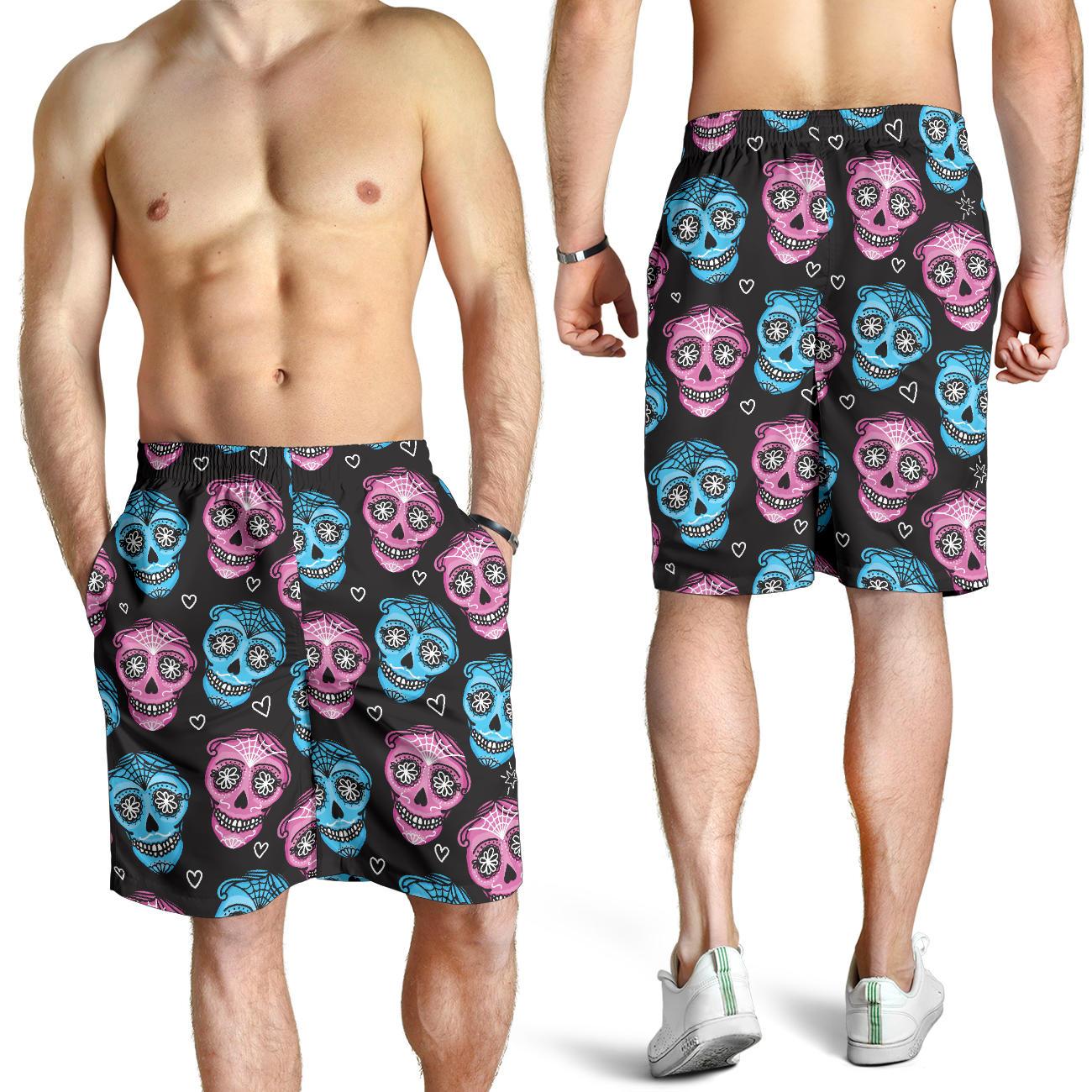 Day of the Dead Skull Print Pattern Mens Shorts-JTAMIGO.COM