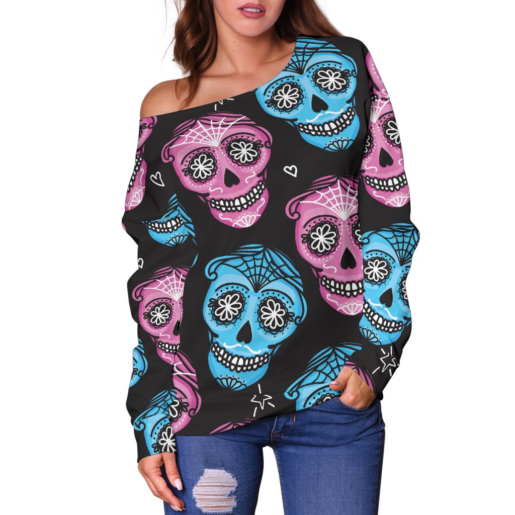 Day of the Dead Skull Print Pattern Off Shoulder Sweatshirt
