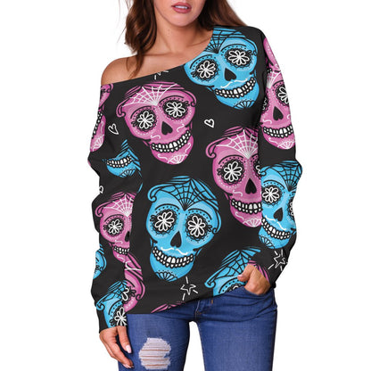 Day of the Dead Skull Print Pattern Off Shoulder Sweatshirt