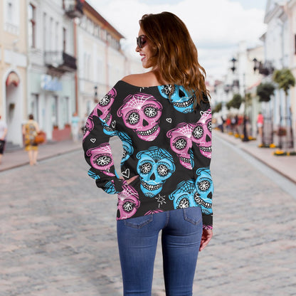 Day of the Dead Skull Print Pattern Off Shoulder Sweatshirt