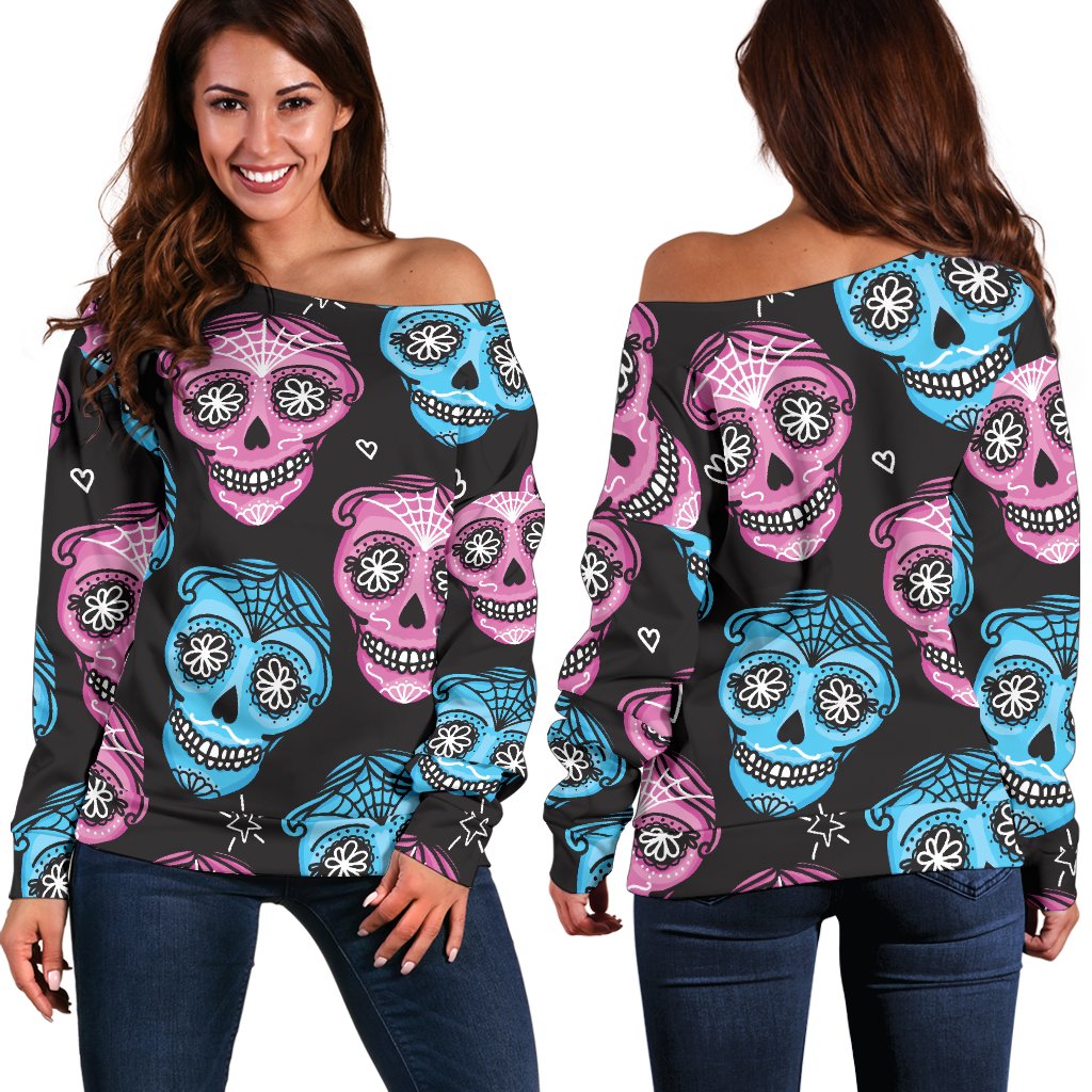 Day of the Dead Skull Print Pattern Off Shoulder Sweatshirt