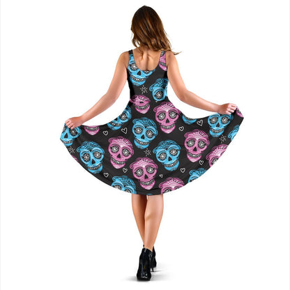 Day Of The Dead Skull Print Pattern Sleeveless Dress