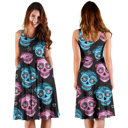 Day Of The Dead Skull Print Pattern Sleeveless Dress