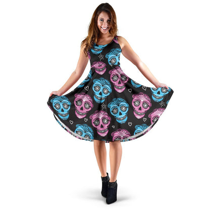 Day Of The Dead Skull Print Pattern Sleeveless Dress
