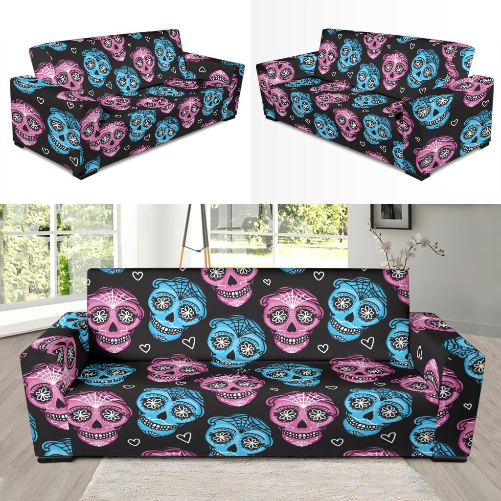 Day of the Dead Skull Print Pattern Sofa Slipcover-JTAMIGO.COM