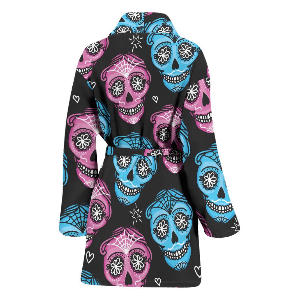 Day of the Dead Skull Print Pattern Women Bath Robe-JTAMIGO.COM