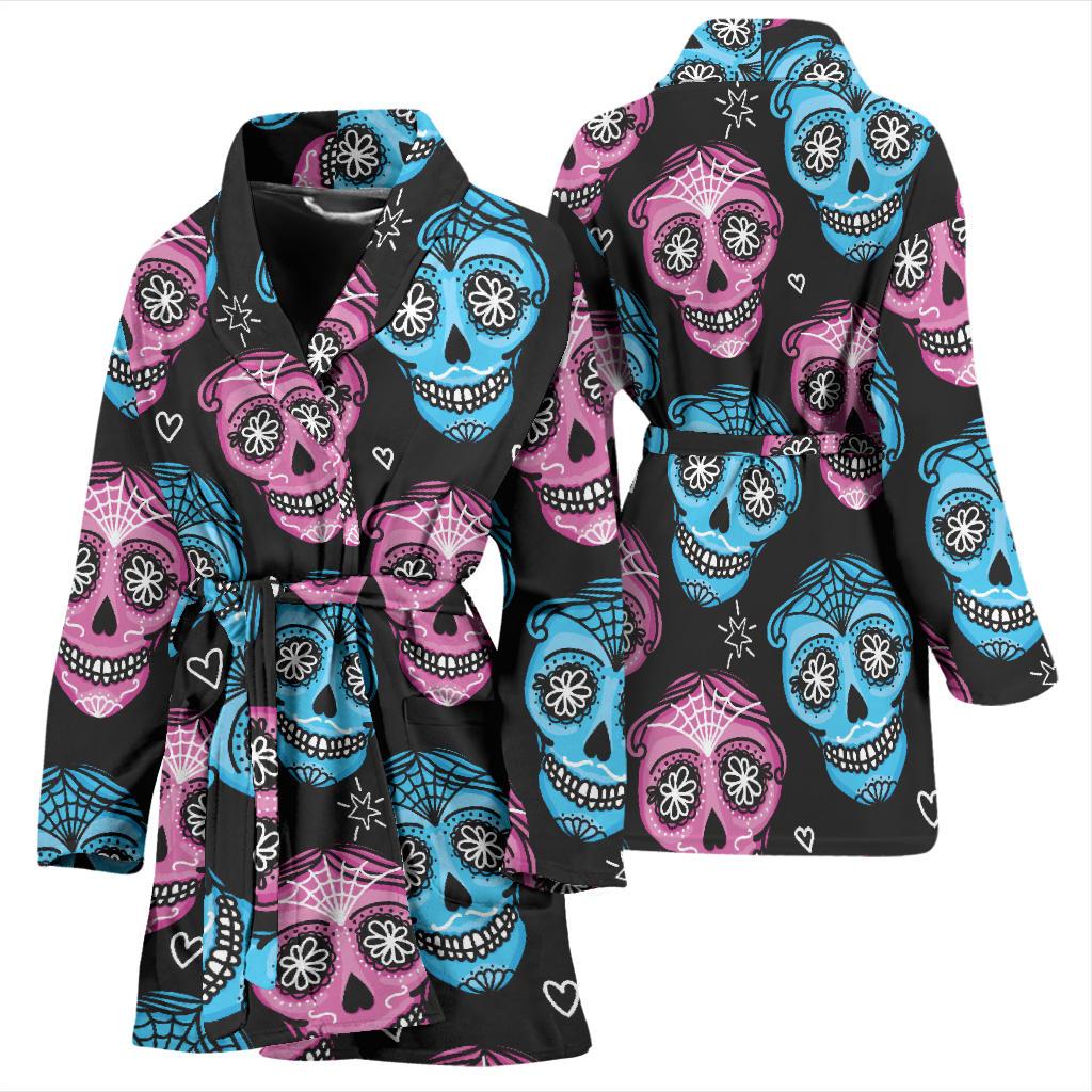 Day of the Dead Skull Print Pattern Women Bath Robe-JTAMIGO.COM