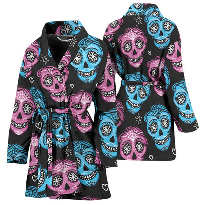 Day of the Dead Skull Print Pattern Women Bath Robe-JTAMIGO.COM