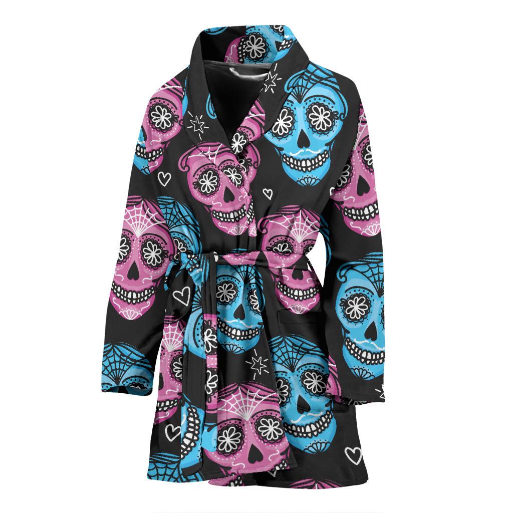 Day of the Dead Skull Print Pattern Women Bath Robe-JTAMIGO.COM