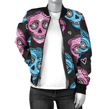 Day of The Dead Skull Print Pattern Women Casual Bomber Jacket