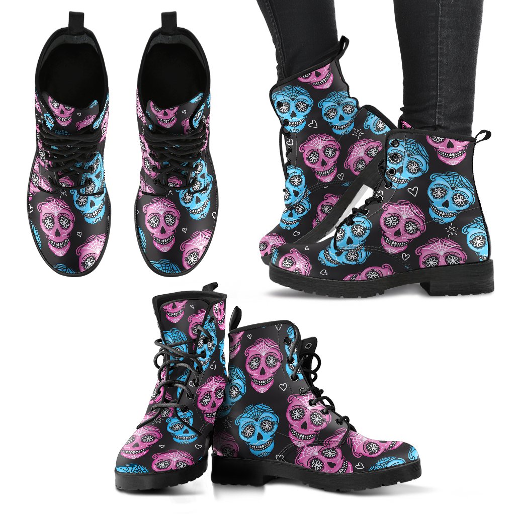 Day of the Dead Skull Print Pattern Women Leather Boots-JTAMIGO.COM