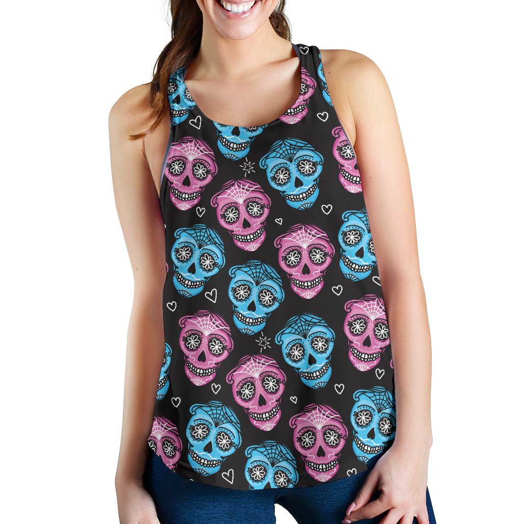 Day of the Dead Skull Print Pattern Women Racerback Tank Top