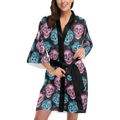 Day of the Dead Skull Print Pattern Women Short Kimono Robe