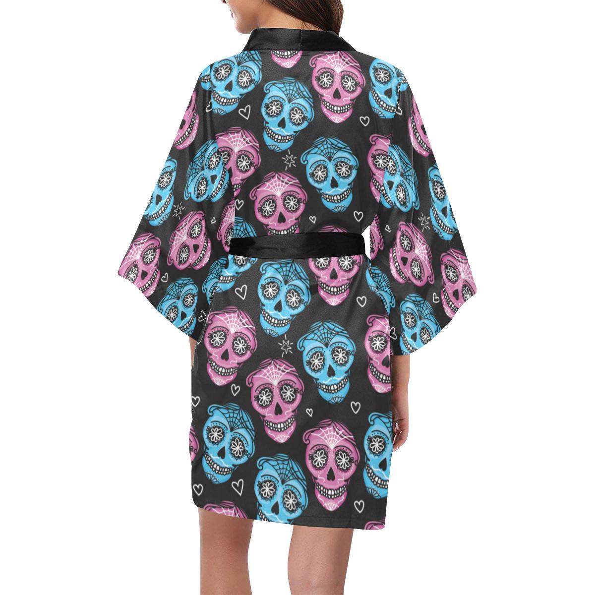 Day of the Dead Skull Print Pattern Women Short Kimono Robe