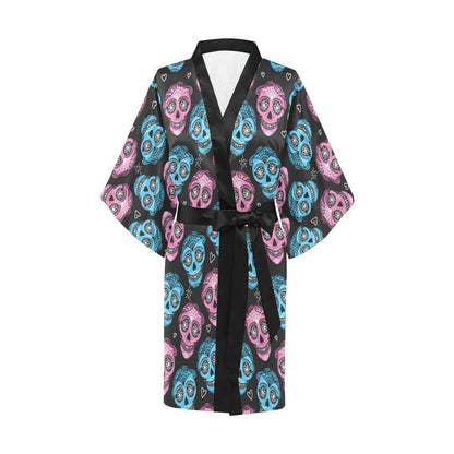 Day of the Dead Skull Print Pattern Women Short Kimono Robe