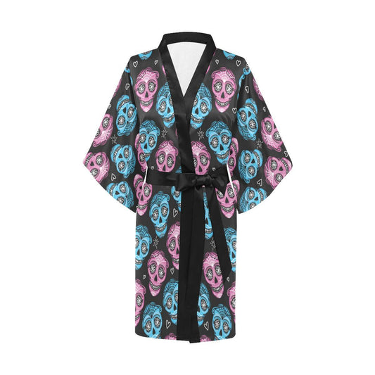 Day of the Dead Skull Print Pattern Women Short Kimono Robe
