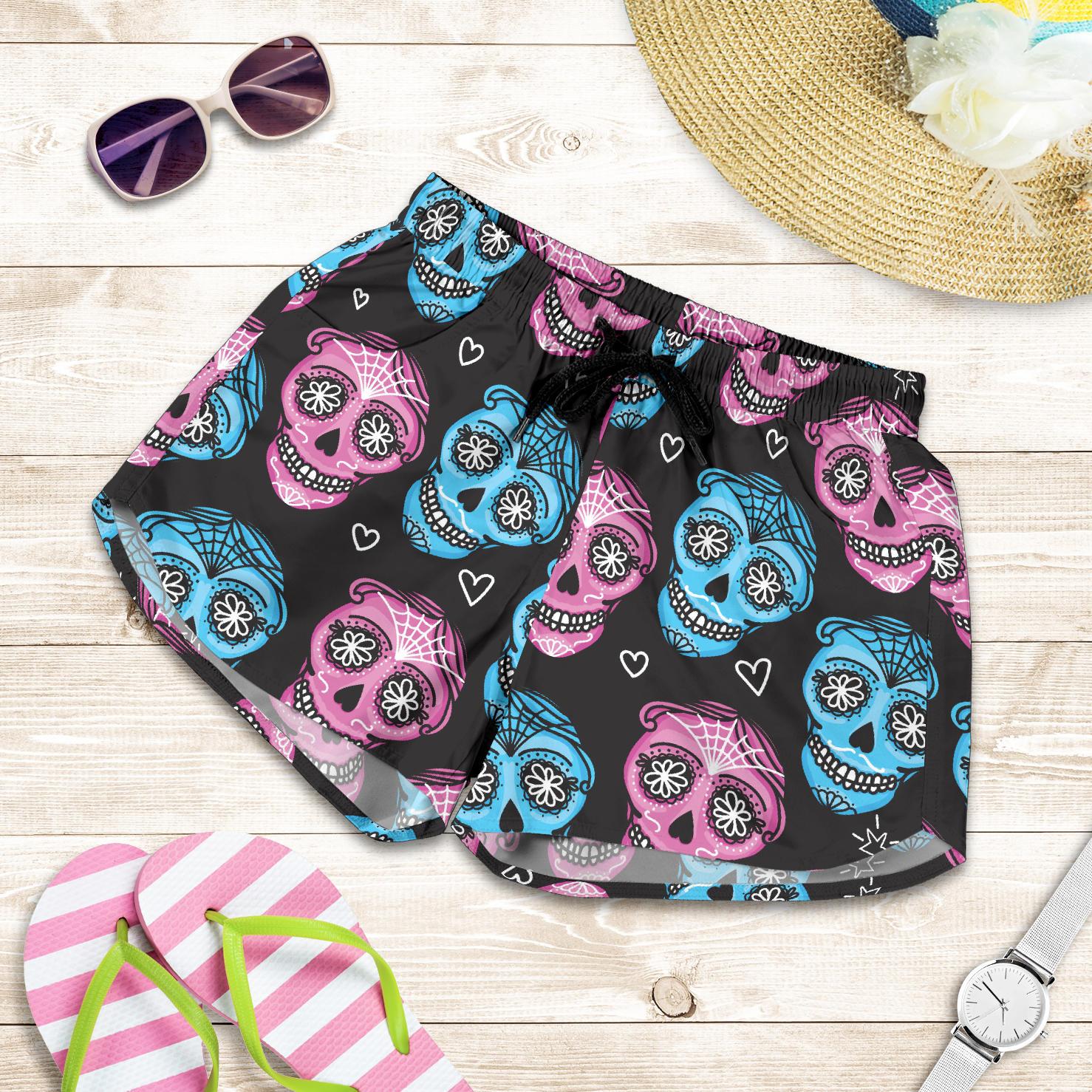 Day of the Dead Skull Print Pattern Women Shorts-JTAMIGO.COM