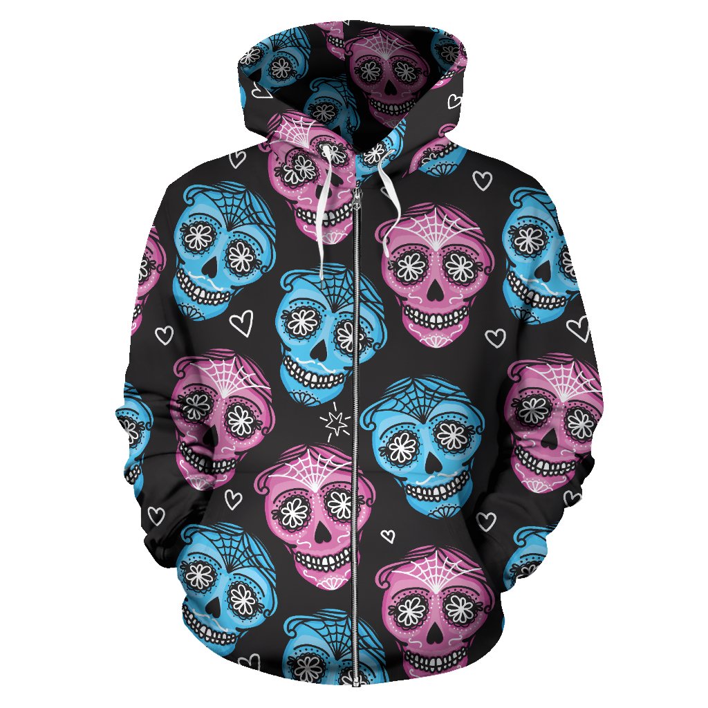 Day of the Dead Skull Print Pattern Zip Up Hoodie