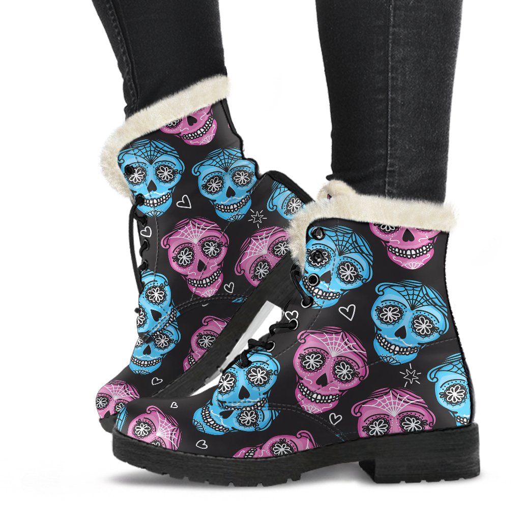 Day of the Dead Skull Print Pattern/Faux-Fur-Leather-Boots.jpg Faux Fur Leather Boots-JTAMIGO.COM